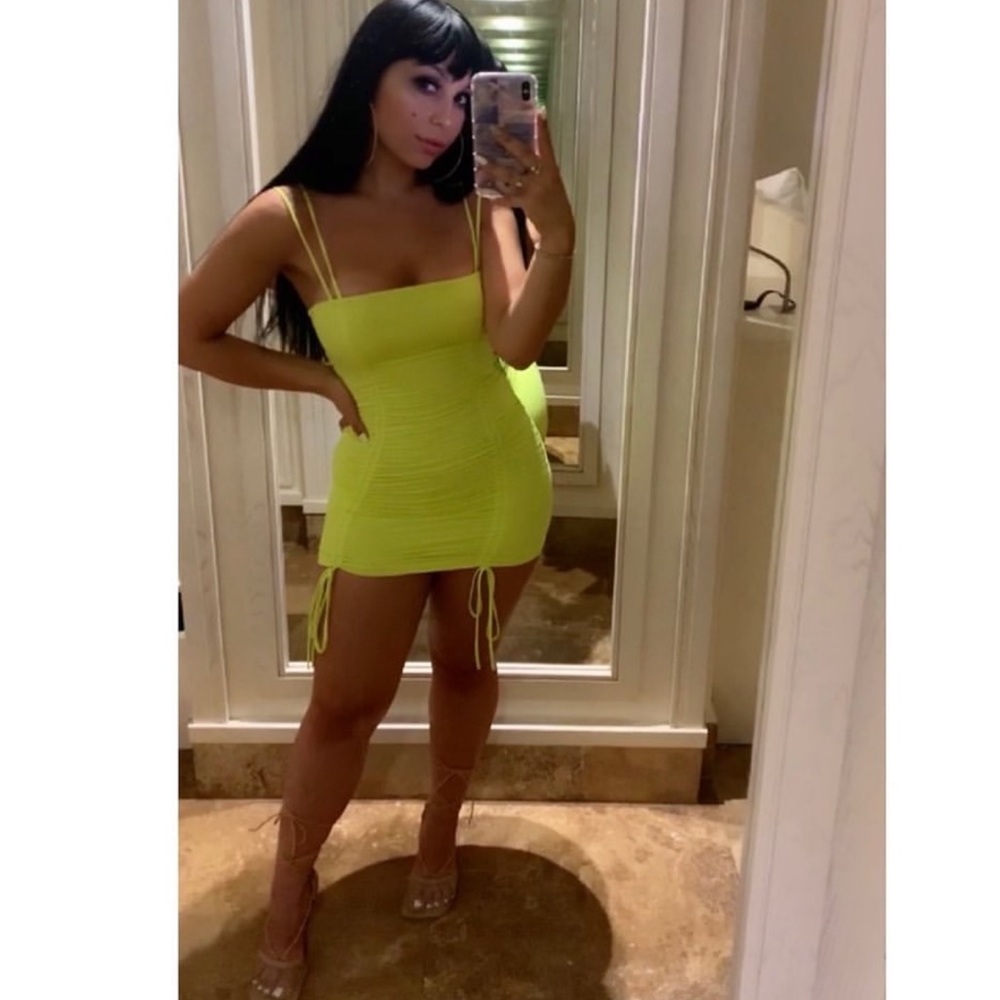 Oh Polly Neon green yellow Ruched sides dress